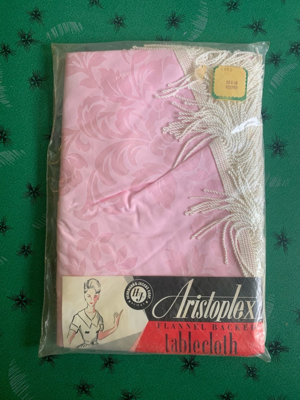 NOS NWT Vintage Aristoplex Pink White Fringe 58” Round Flannel Backed Tablecloth